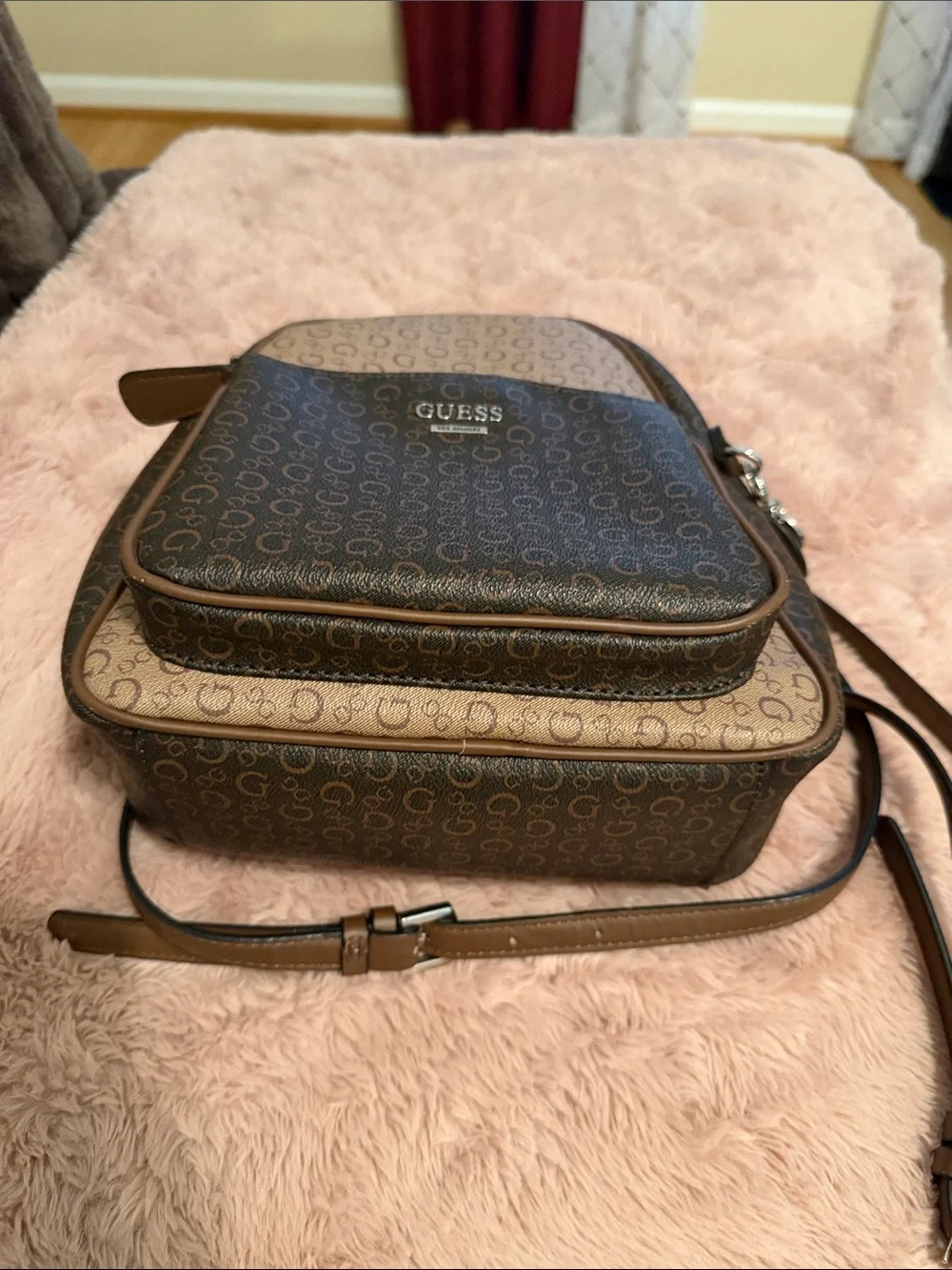 GUESS Brown Monogram Mini Backpack - Brown